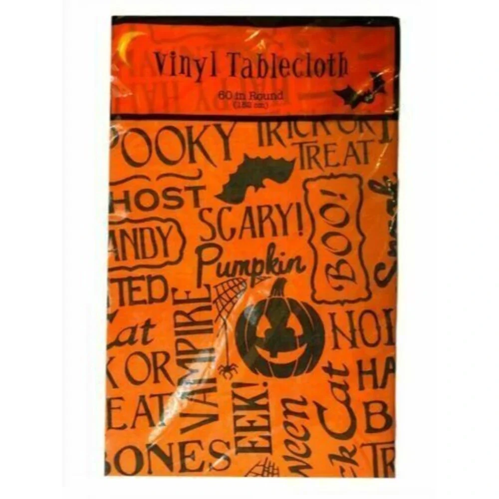 Halloween Vinyl Tablecloth Scary Pumpkins Bats Orange Boo Flannel Backed 60